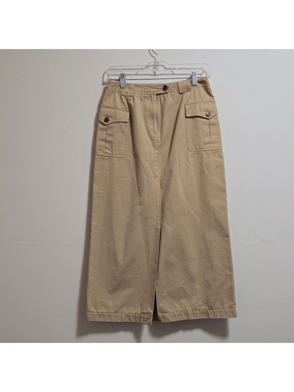 Vintage Liz Clairbone Sport 100% Cotton Khaki Midi Cargo Skirt